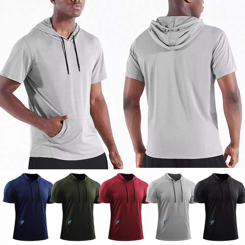 Men Short Sleeve Hooded T Shirt Pockets Hoodie Sports Summer Casual Solid  Color