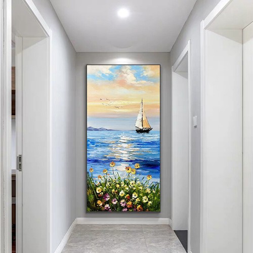 Arte de pared pintado a mano paisaje marino sobre lienzo decoración de pared amanecer junto al mar óleo - Imagen 2 de 6
