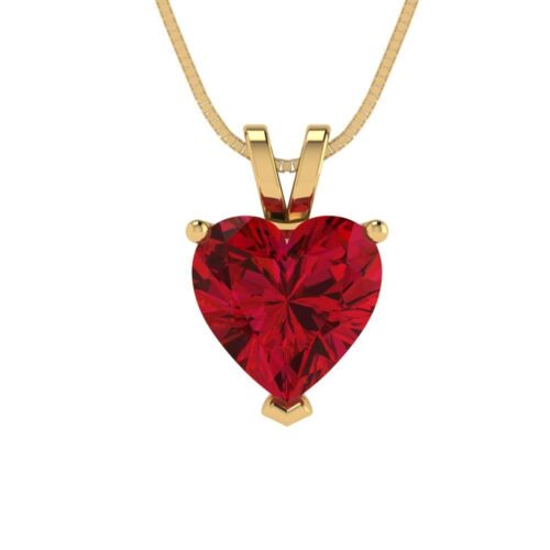 2 ct Heart Cut Simulated Ruby Pendant Necklace 18" chain Solid 14k Yellow Gold - Picture 1 of 11