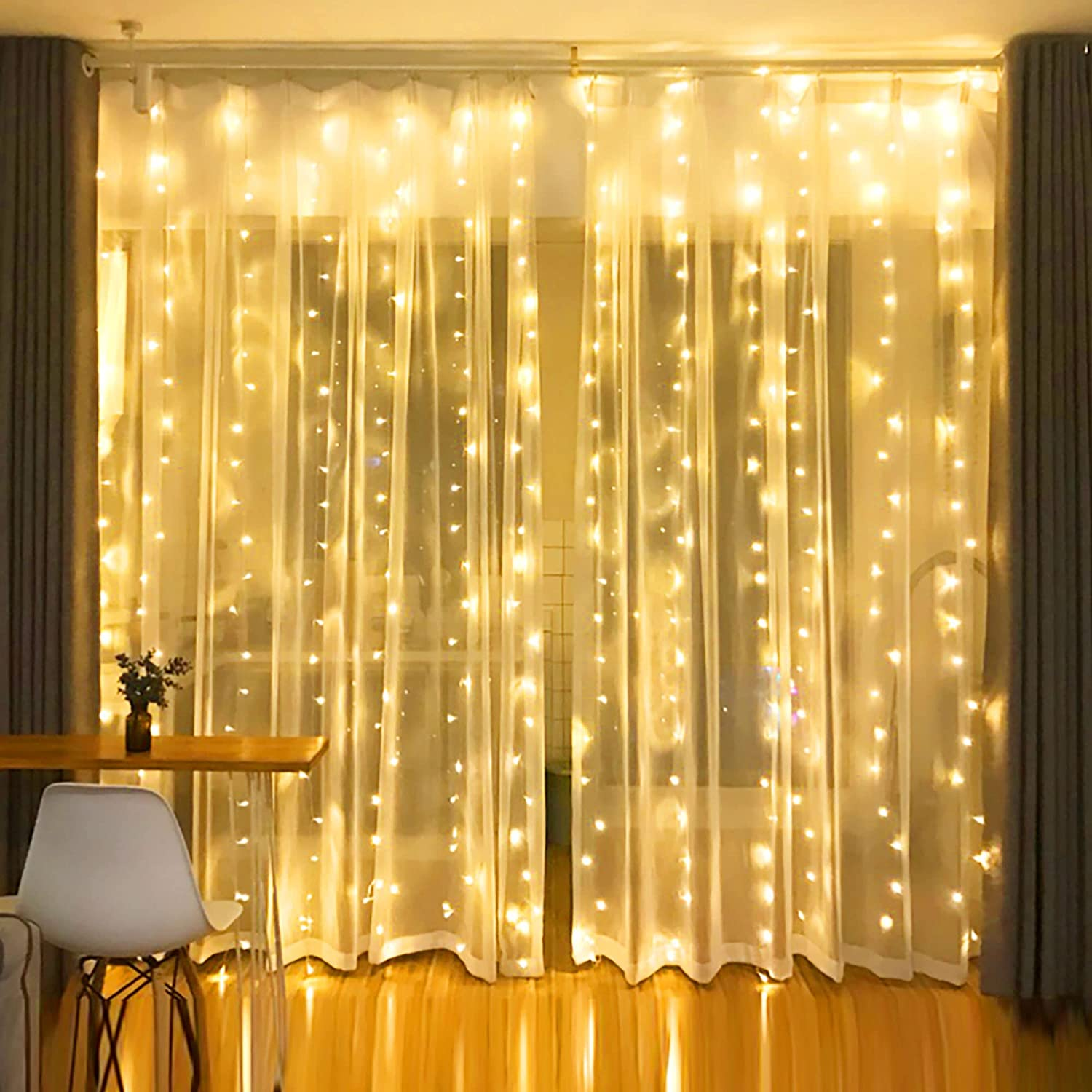 Curtain String Lights, 300 LED 9.8Ft X9.8Ft Warm White Fairy Lights with 8 Light