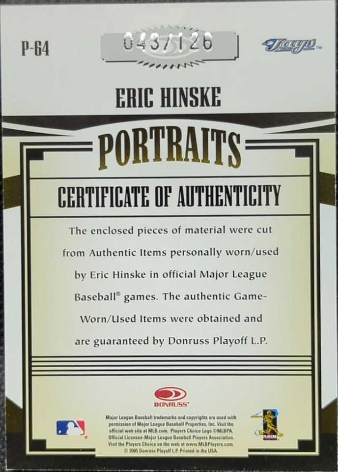 ERIC HINSKE 2005 Prime Patches TRIPLE JERSEY FIELDING GLOVE LACE HOLE SHOE #/126 - Image 2 of 2