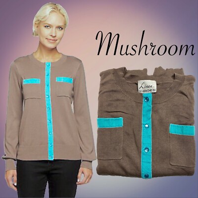 Linea by Louis Dell'Olio Crew Neck Velvet Trim Cardigan NWT 2X Mushroom A228340
