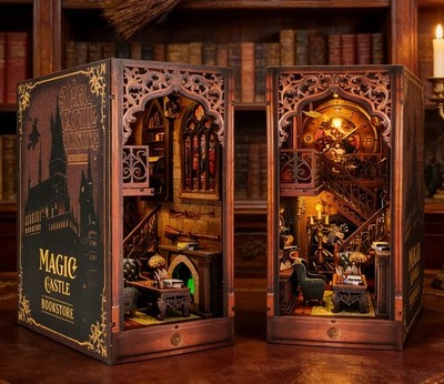 Book Nook Miniature House Harry Potter Library With LED Wooden Bookshelf Gift