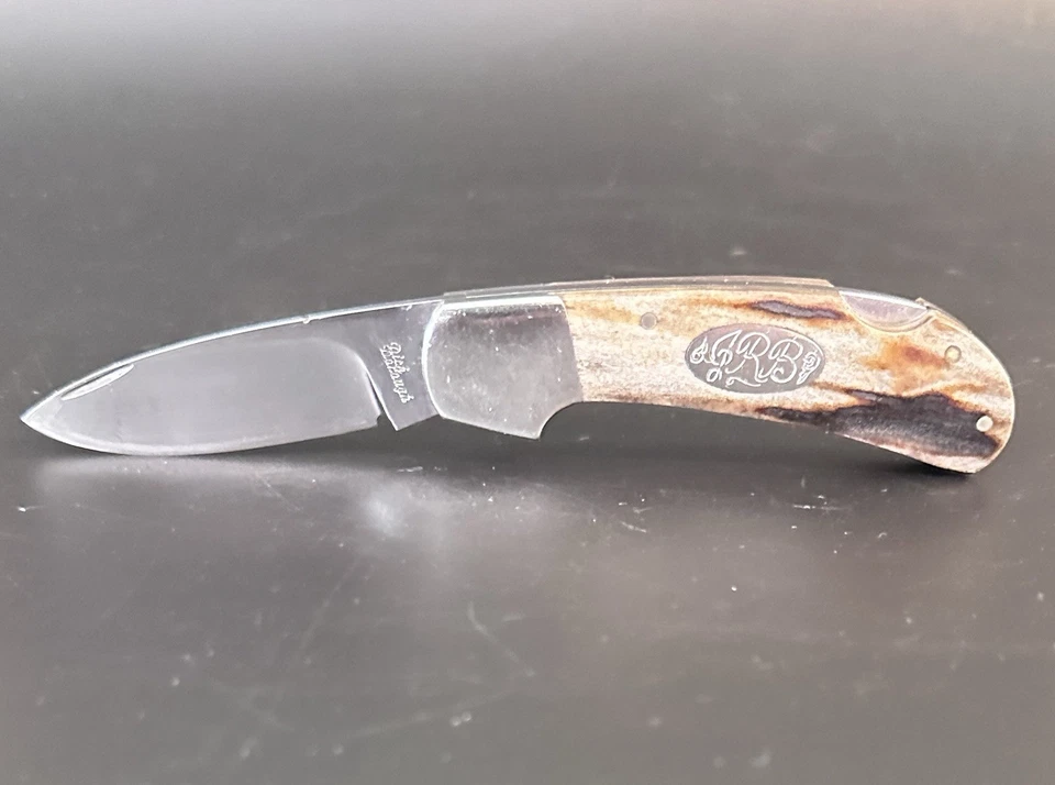 Handmade Dick Darough Pocket Knife with Drop Point Blade and Dark Stag Handle - Image 2 of 4