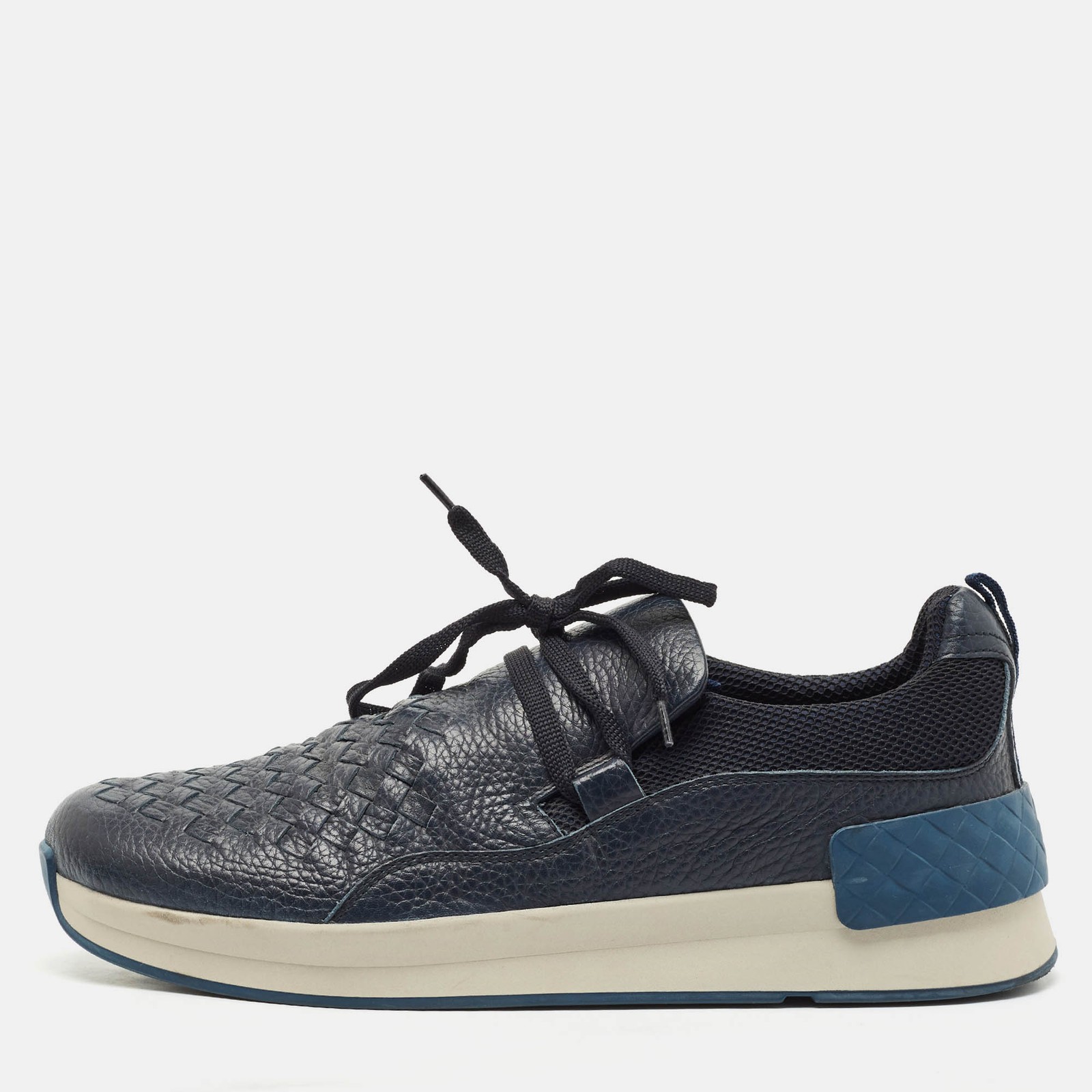 Bottega Veneta Navy Blue Intrecciato Leather Sneakers Size 42