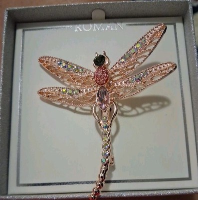 Vintage Roman Rose Gold-Tone Filigree Dragonfly Broach w/ Irredescent Rhinestone