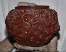 Vaso vaso serbatoio 6,8" vecchio cinese laccato rosso intagliato Fengshui drago bestia