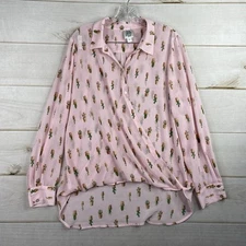 Ivy Jane Top Womens L Pink Cacti Print High Low Faux Wrap Look Sheer Long Sleeve