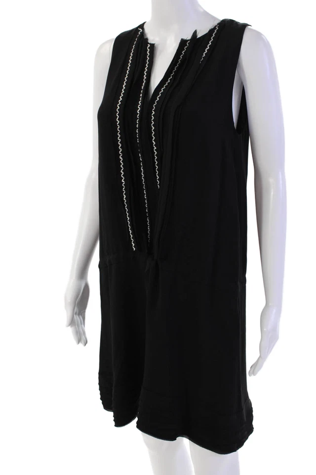 Vestido recto Thakoon Addition para mujer sin mangas cuello en V pintuck seda negro talla 4 Foto 2 de 4
