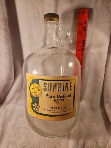 SUNAIRE DISTILLED WATER BOTTLE Peoria ill IL Illinois Gallon Glass jug Antique 