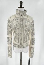 Blanc Noir Ivory Snake Print Leather Quilted Mesh Moto Jacket Sz M NEW