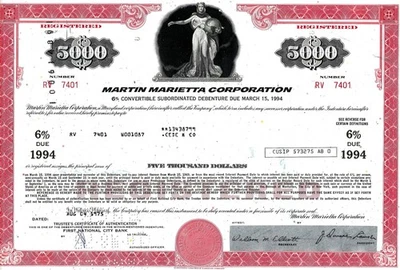 Martin Marietta Corporation, 1975, 6% Debenture due 1994 (5.000 $) - Bild 1 von 2