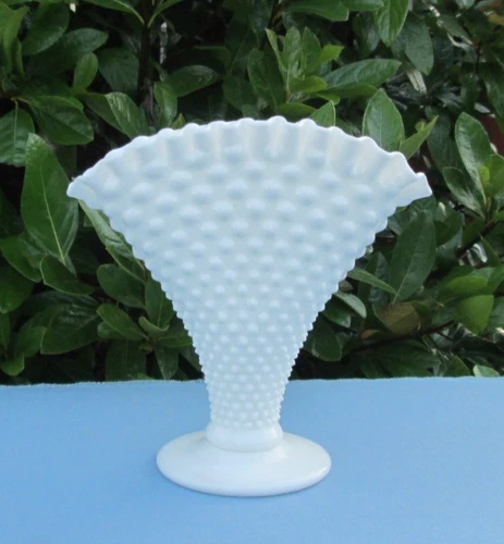 Fenton Large Fan  White Hobnail Vase