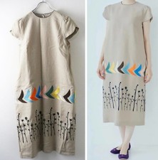 Mina Perhonen 30th noppara bird Embroidered Linen Dress Size38 Beige Unused