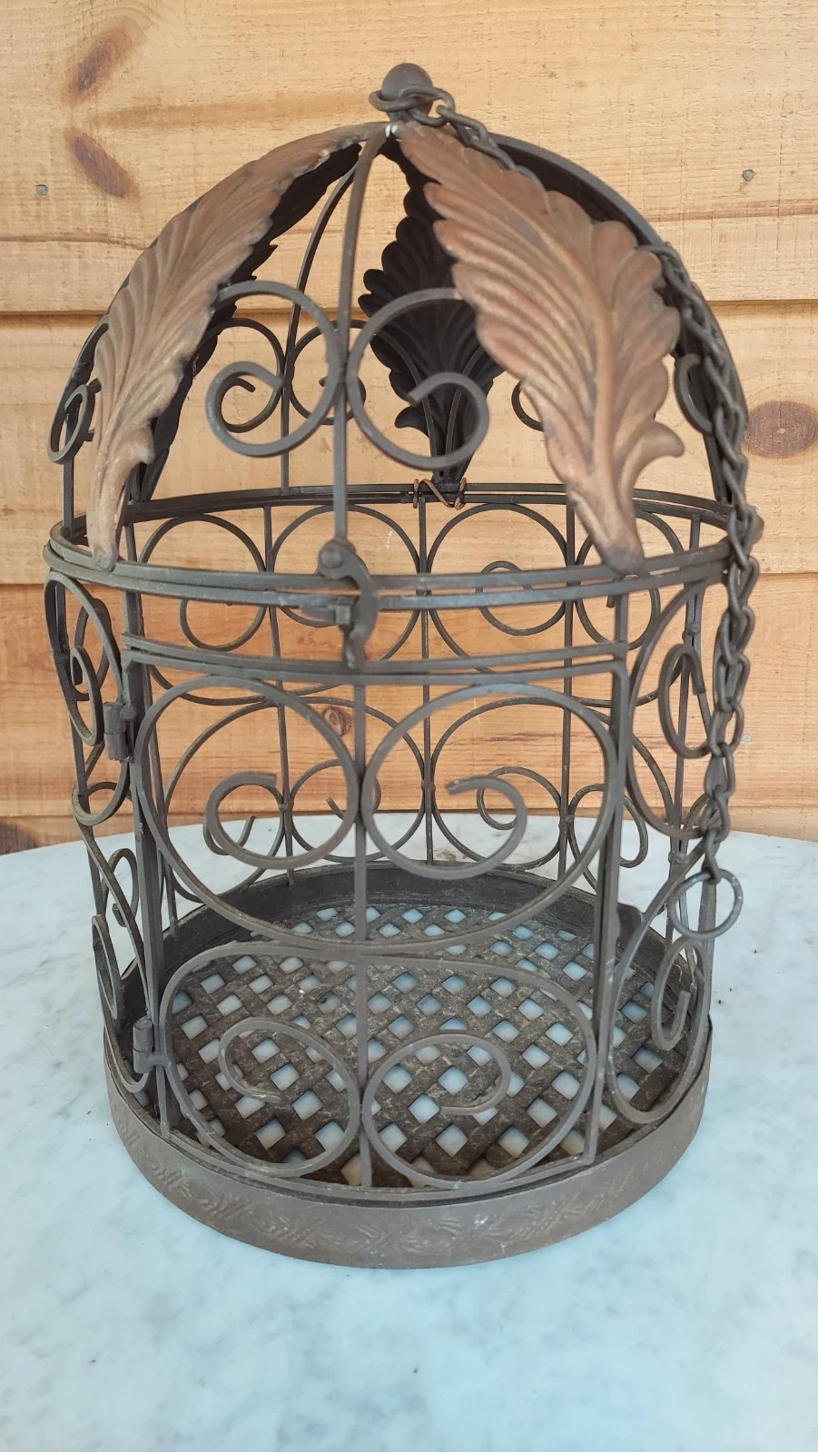 15" x 9-7/8" DOMED BIRD CAGE METAL SPIRAL & LOVELY LEAF DECORATIVE BIRD HOUSE