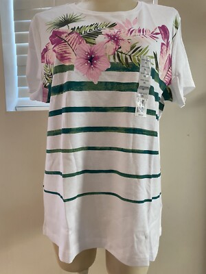 NWT croft Barrow Womens XXL White Teal Short Sleeve Crewneck Summer Top $20