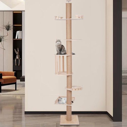 Wooden Floor to Ceiling Cat Tree Tower Natural Sisal Rope Scratching Post - Picture 20 of 21