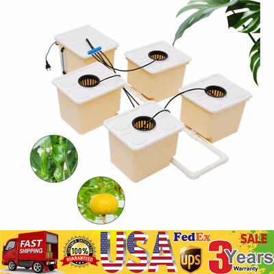 Hydroponics Drip Growing System 5 Sites Dutch Buckets w/Lids + Submerged Pump