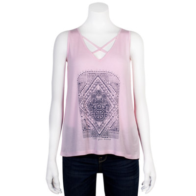 Grayson Threads Criss Cross V Neck Karma Sheer Back Tank Pink Sz M NWT
