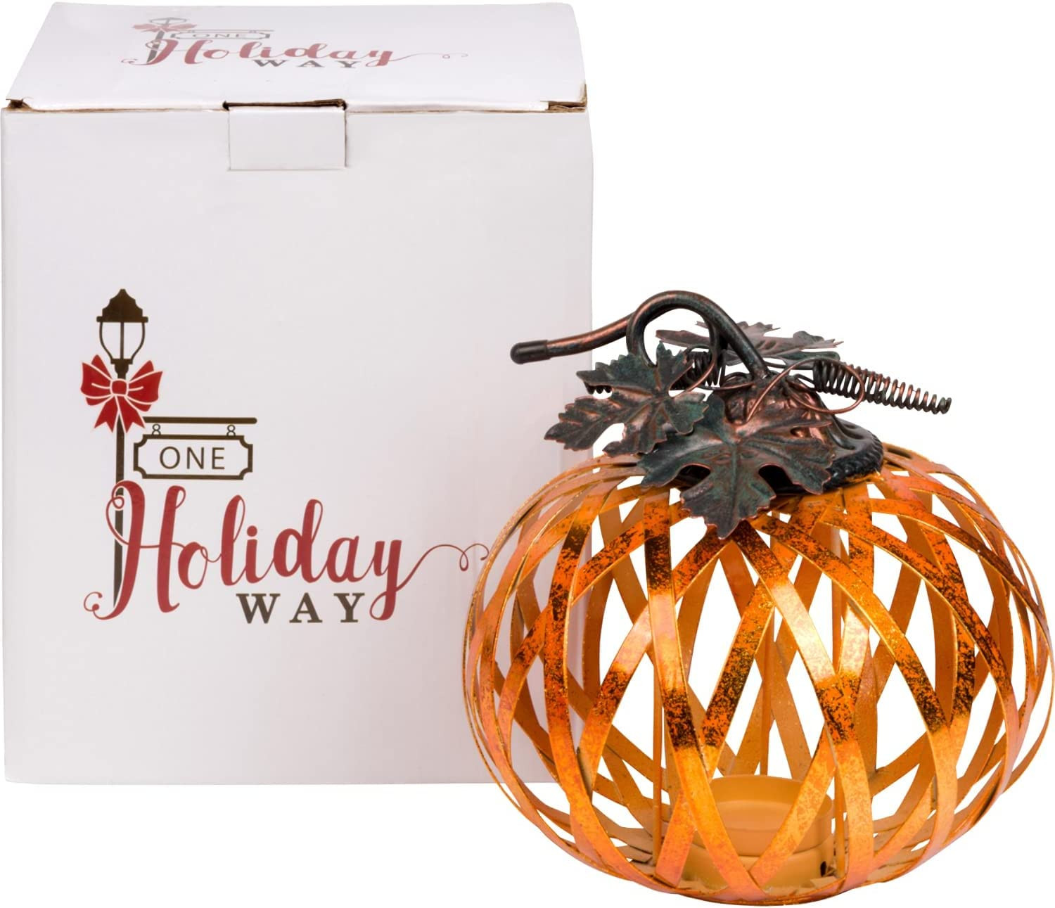 8 Inch Rustic Metal Pumpkin Candle Holder with Metallic Copper Finish - Fall Hal