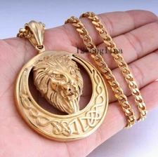 Men's Chain Stainless Steel Gold Lion Circle Pendant Necklace Curb Cuban Gift