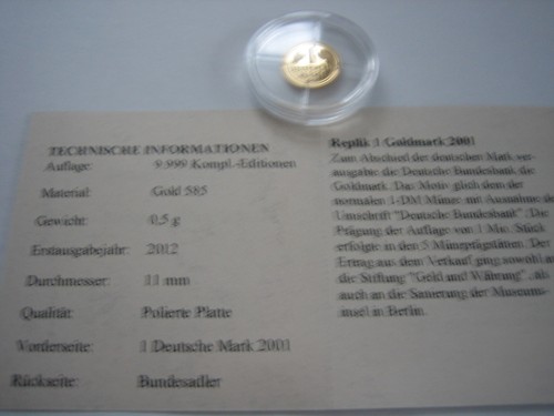 Deutschland 1 DM 2012 Gold 585/1000 Gewicht 0,5 g Durchmesser 11 mm - Bild 3 von 3