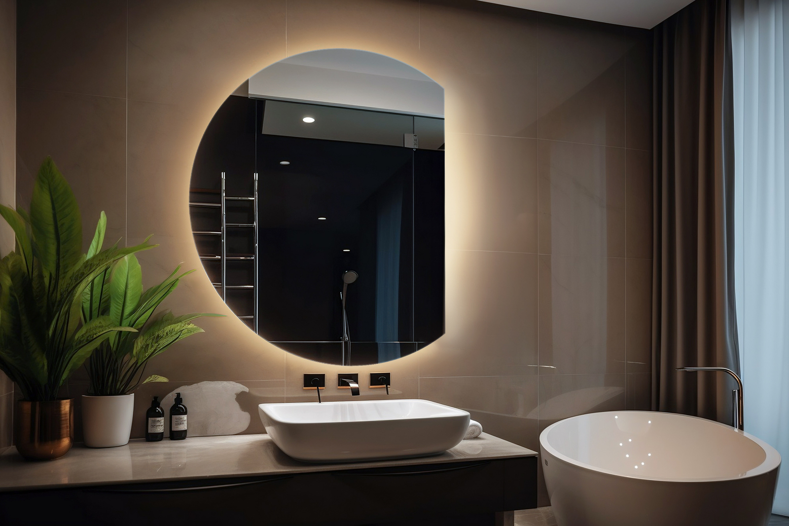 Specchio da parete moderno rotondo con illuminazione LED per tavolo da trucco bagno 74x90 foto 3