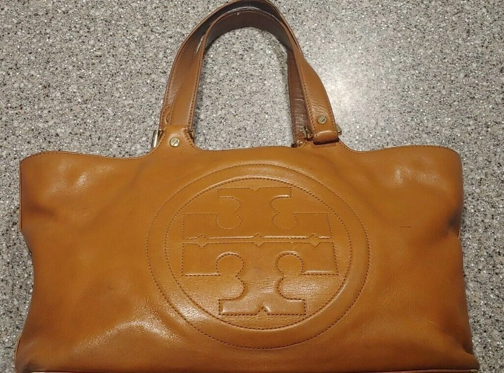 Vintage Tory Burch Bombe Glazed Leather Handbag Zip Top Tote in Luggage tan EUC