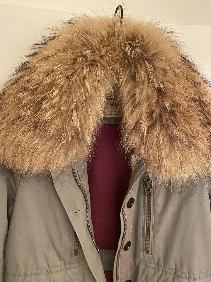 zadig & Voltaire Army Olive Green Cargo Kassi jacket Raccoon Fur Collar XS - Image 4 of 4