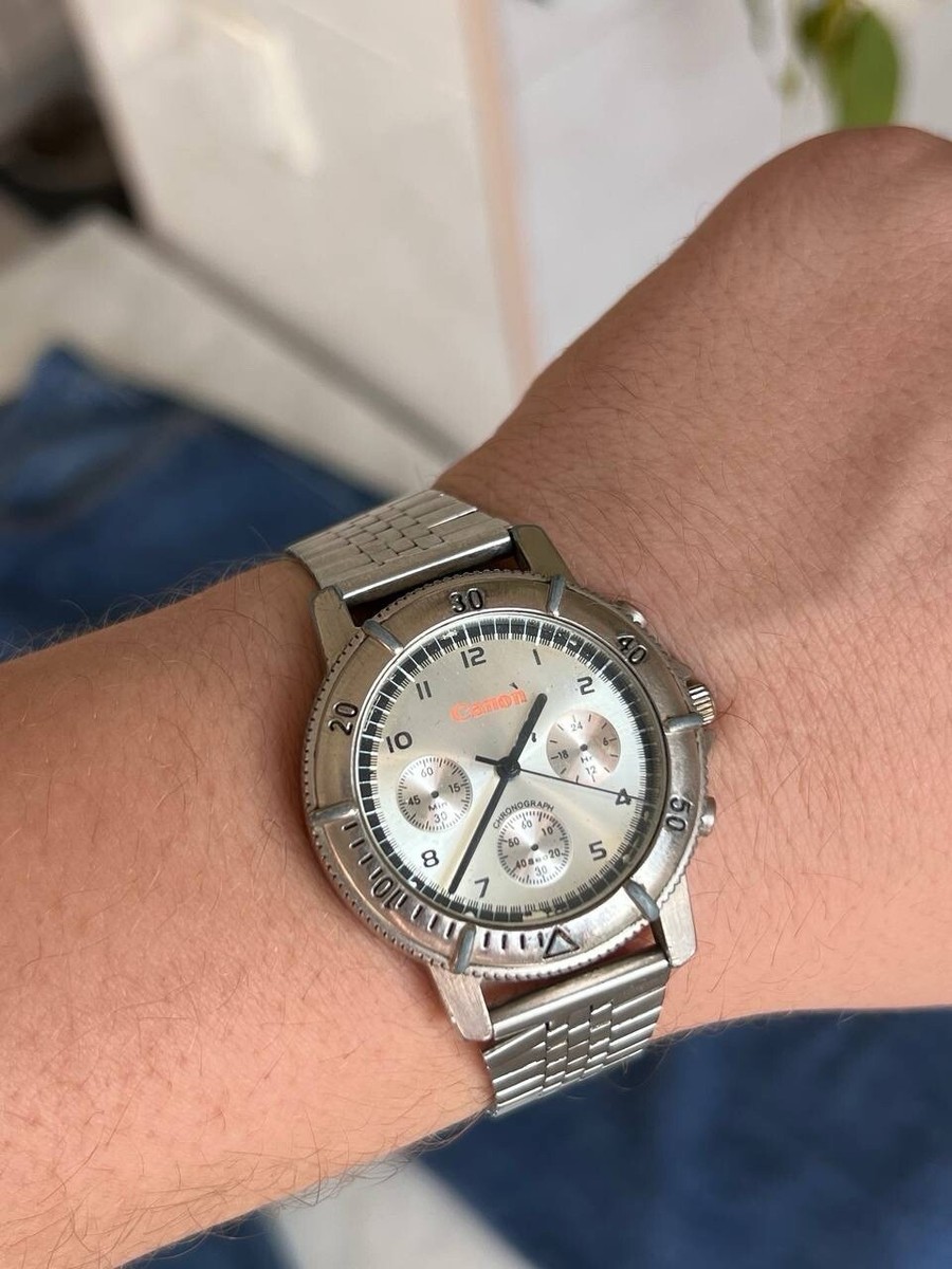 Vintage Canon Steel Metallic Chrome Watch Metal 1990s Working