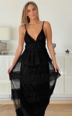 zara beaded ruffle tulle dress Zara Gown black bustier evening gown – Mia Bella Couture main image 0