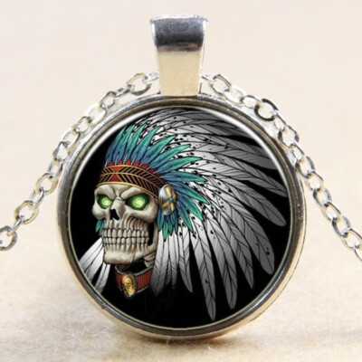 NATIVE SKULL FEATHER HEAD handmade Pendant Sterling 925 Silver 20'' Necklace GIFT
