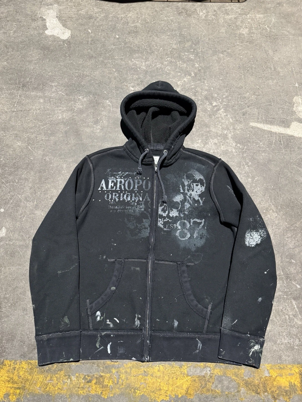 VTG Y2K Aeropostale Thermal Zip Up Hoodie L Grunge Mallgoth NYC Distressed Skull
