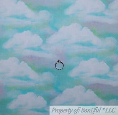 BonEful Fabric FQ Cotton Quilt Aqua Blue Sky White Cloud Scenic Blender Texture