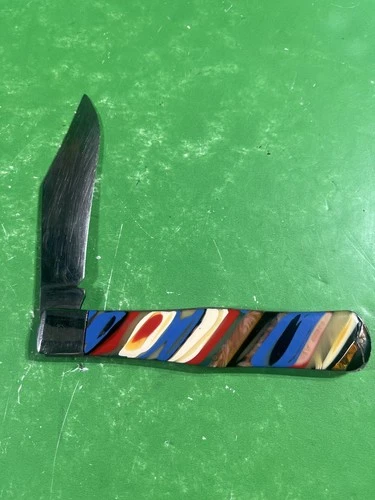 VINTAGE LARGE COLONIAL COKE BOTTLE KNIFE BEAUTIFUL MULTI COLORED HANDLES