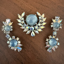 Jomaz Signed Blue Glass & Rhinestone Clip-On Earrings and Brooch Jewelry Set