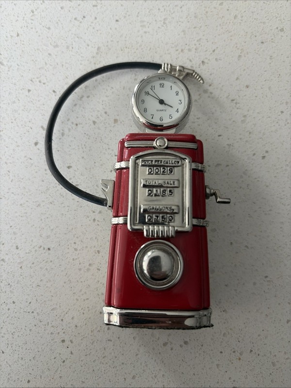 Vintage Timex Collectible Mini Clock Gas Pump Silver Tone and Red Untested