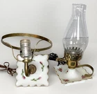 VTG 40’s Milk Glass Sconce & Finger Lamp boudoir Set Painted Floral Gold Scallop
