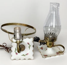 VTG 40’s Milk Glass Sconce & Finger Lamp boudoir Set Painted Floral Gold Scallop