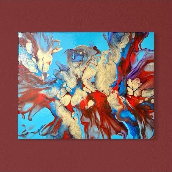 Original Abstract Acrylic Painting: Red, Blue, and Gold Fluid Art - 11x14 Canvas
