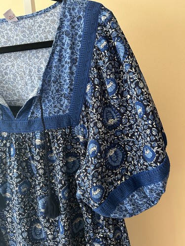 Old Navy Puff Sleeve Swing Dress w/Pockets Tassel Neck Embroidered Blue Boho XXL - Picture 7 of 17