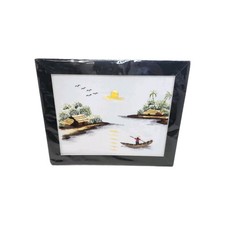 Hand Embroidered Asian Silk Art Traditional Village Island Scene Vietnam Vintage