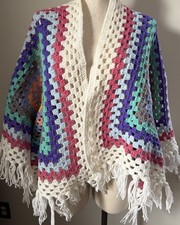 Vintage 70s Bohemian Cottage Grandma Crochet Hand Knit Fringe Shawl Poncho OS