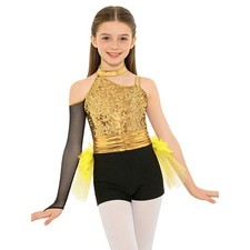 Kid Girls Sequins Jazz Latin Ballet Dance Leotard Jumpsuit Feather Trim Bodysuit
