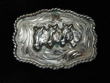 PL13126 VINTAGE 1970s THREE HORSES ENGRAVED WESTERN COWBOY BELT BUCKLE