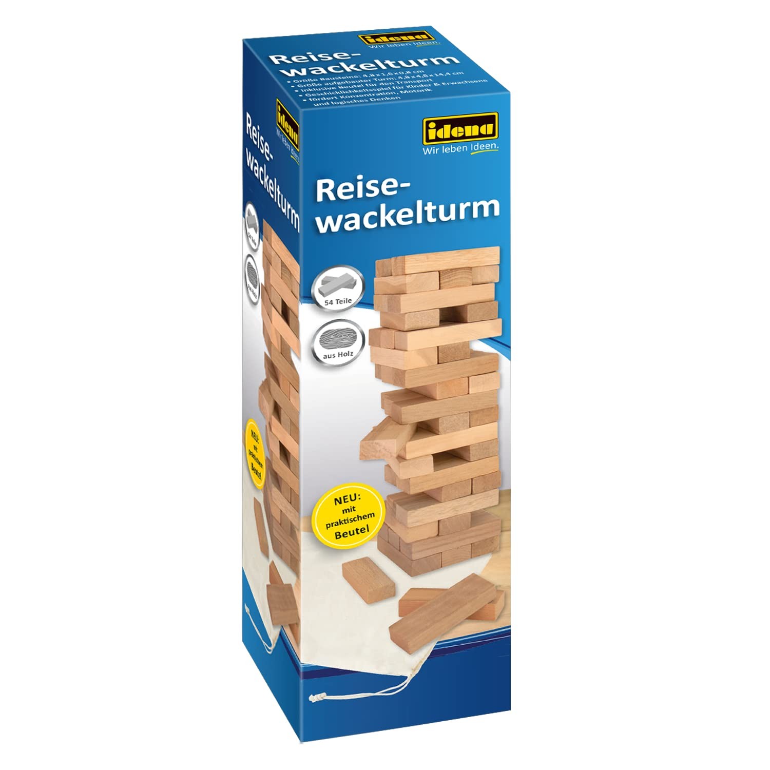Idena 40088 Wooden Wobble Tower Travel Game with 54 Building Blocks and Storage
