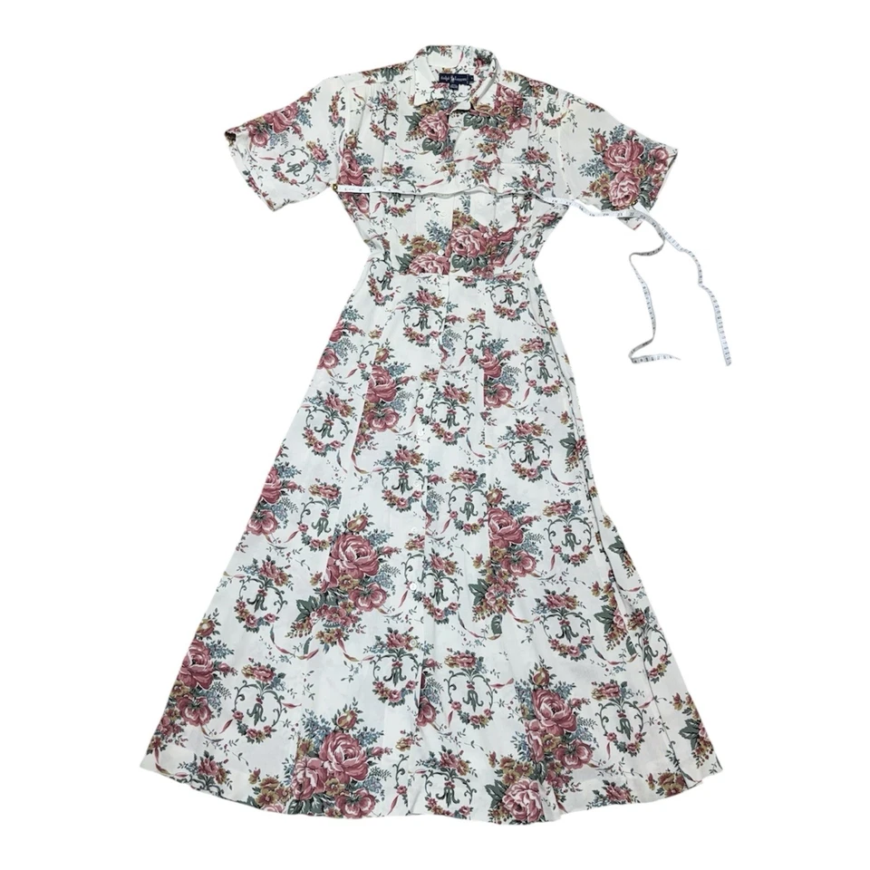 Vtg Ralph Lauren White Floral Maxi Dress Sz 4 Button Front Pockets Short Sleeve - Image 4 of 4