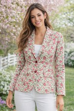 Talbots Petites Floral Blazer Jacket Pink Green Cotton Stretch 6P