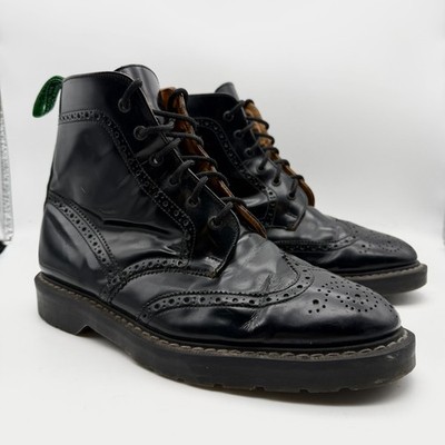 Solovair Boots Mens UK 9 Black Hi-Shine 6 Eye Brogue Wing Tip Made in England