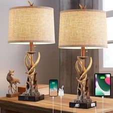 Rustic Deer Antler Table Lamps Set of 2 for Bedroom Farmhouse Bedside Lamps w...